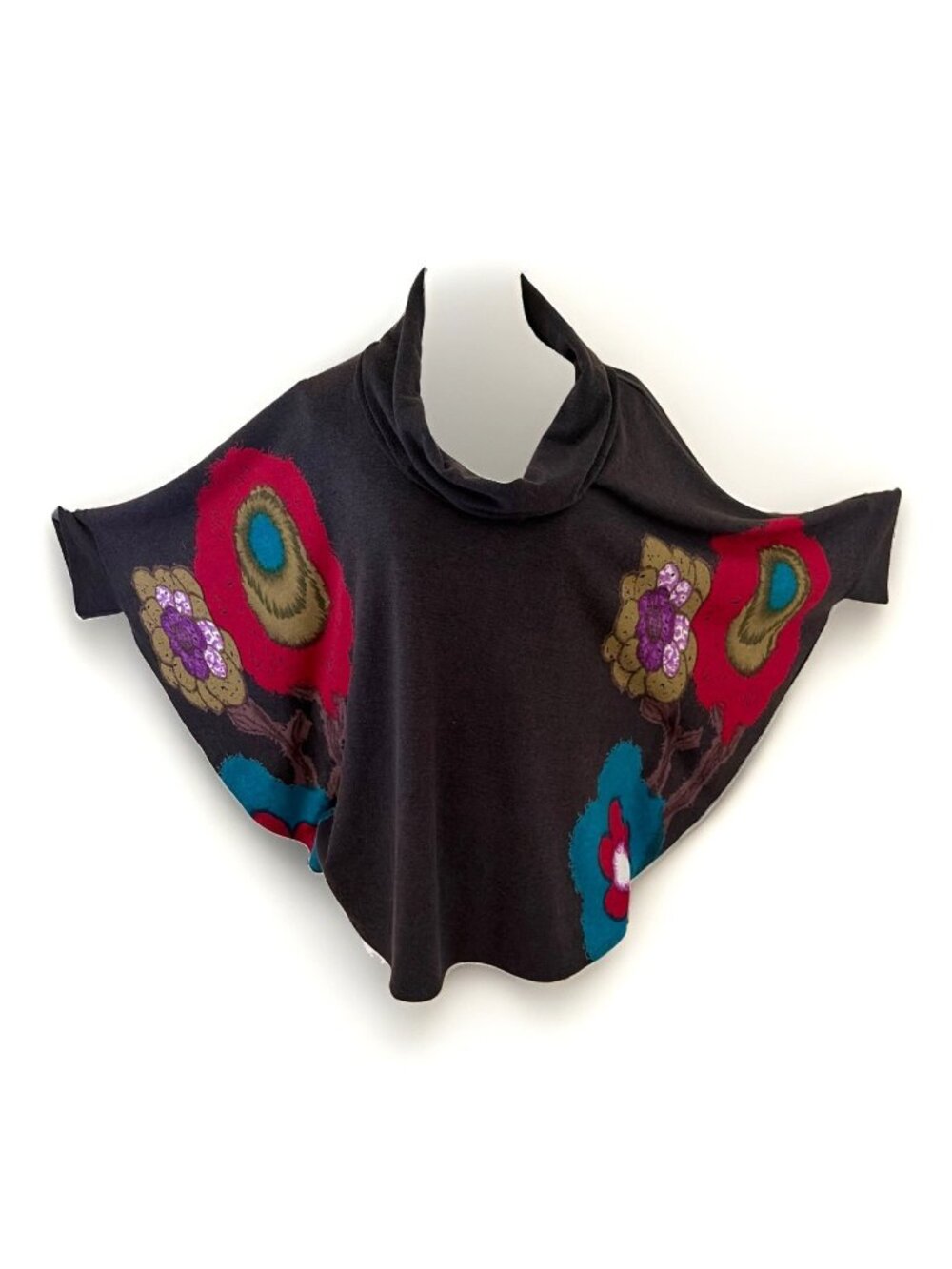 NorthStyle Cowl Neck Poncho Cape Sweater Size XL Brown Floral Artsy Maximalist - Picture 1 of 10